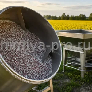 Разноцветные гранулы тукосмеси NPK в смесителе у разбрасывателя на фоне цветущего рапса