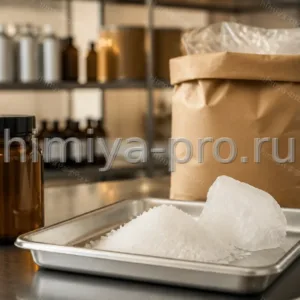 Белые кристаллы ацетанизола (4-метоксиацетофенон) в лабораторной таре на складе аромахимикатов
