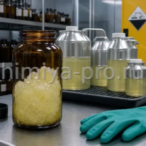 Светло-жёлтая норборнен-2-карбоновая кислота в стеклянной таре на складе коррозионных реактивов для синтеза.