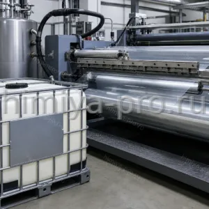 Молочно-белая клеевая дисперсия в IBC у линии нанесения липкого слоя на плёнку для скотча и этикеток