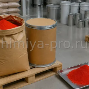 Желтовато-алый порошок пигмента алый Ж в промышленном мешке и бочке на складе для ЛКМ и пластиков