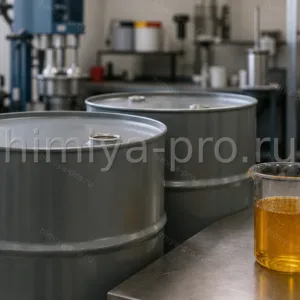Стальные бочки с вязкой янтарной смолой ЭД-20 и лабораторный стакан на участке лакокрасочного цеха