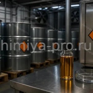 Бесцветная маслянистая жидкость анилина в стальных бочках и закрытой колбе на складе опасных грузов