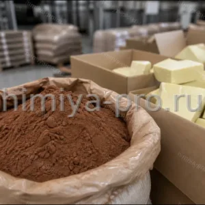 Какао-порошок 20-22% в мешке и бледно-жёлтые блоки дезодорированного какао-масла на складе