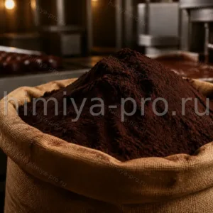 Тёмно-коричневый почти чёрный тёмноалкализованный какао-порошок в мешке 25 кг на линии глазури