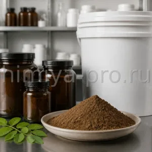 Коричневый порошок экстракта сенны в тёмных банках и жидкий экстракт на лабораторном столе