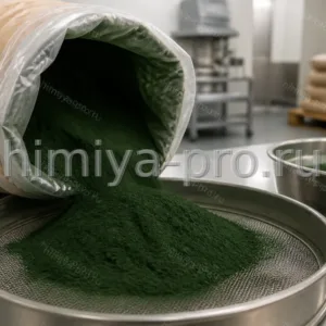 Тёмно-зелёный мелкий порошок спирулины и хлореллы из мешка 25 кг на линии фасовки нутрицевтического сырья