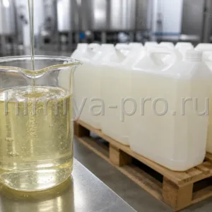 Вязкая желтоватая молочная кислота 80% в стеклянном стакане рядом с канистрами на складе пищевых кислот
