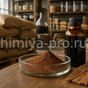 Коричневый порошок экстракта коры лапачо и тёмный жидкий экстракт в амбер-флаконе на фоне мешков фитосырья.