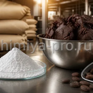 Белый порошок теобромина рядом с какао-массой на лабораторном столе кондитерского производства шоколада.