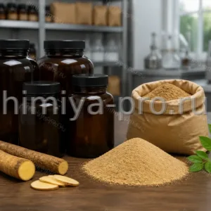 Светло-коричневый порошок экстракта эврикомы в банках и мешке на столе нутрицевтического склада