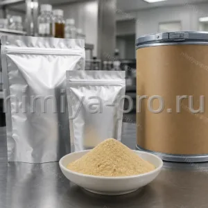 Светло-жёлтый порошок экстракта сои в фольгированных пакетах и барабане для БАД и напитков