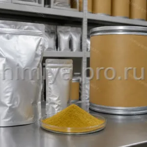 Жёлто-коричневый порошок экстракта эпимедиума в фольгированных пакетах и барабане для капсул БАД
