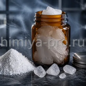 Белые летучие кристаллы рацемической камфоры в тёмной стеклянной банке, сырьё для мазей и ароматики