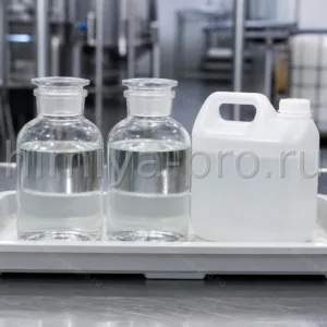 Бесцветная соляная кислота 37% в стеклянных бутылях и канистре на фармпроизводстве для коррекции pH растворов.