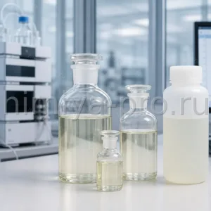 Бесцветный трибутиламин AR в стеклянных флаконах и бутыли HDPE на столе фармацевтической ВЭЖХ-лаборатории.