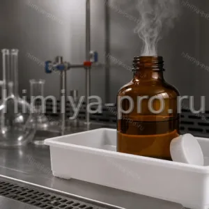 Бесцветная дымящая трифторуксусная кислота в янтарном флаконе на поддоне вытяжного шкафа для пептидного синтеза.