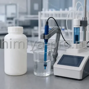 Раствор ортофосфорной кислоты 1 моль/л в бутыли HDPE 1 л рядом с pH-метром и титратором для объёмного анализа.