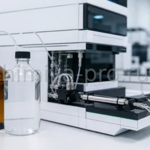 Бутыли с циклогексаном HPLC рядом с жидкостным хроматографом на чистом аналитическом столе лаборатории ВЭЖХ.