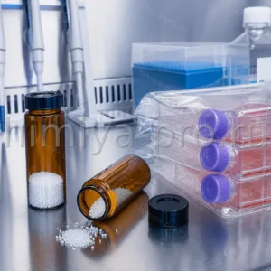 Янтарные флаконы с белыми гранулами циклогексимида на стерильном лабораторном столе клеточной биологии.