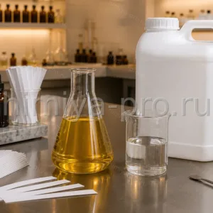 Золотистая жидкость мускусного фиксатора в колбе с блоттерами и канистрой на столе парфюмерной лаборатории