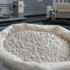 Серо-белый порошок и гранулы колматанта в мешке на фоне лаборатории буровых растворов для скважин