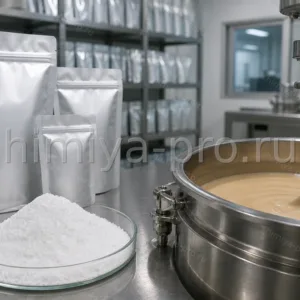 Белый кристаллический порошок дигидроксиацетона в чашке и эмульсия автозагара в косметическом реакторе.