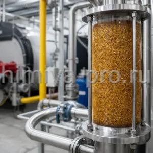 Золотисто-янтарные гранулы катионита в прозрачной колонне установки умягчения питательной воды котельной
