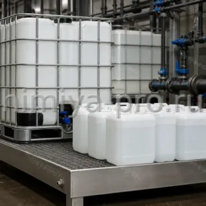 Бесцветный раствор натра едкого 32 % в канистрах и IBC-контейнере на складе щелочных реагентов