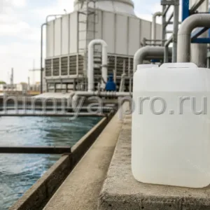 Раствор ОЭДФ 60 % в пластиковой канистре у градирни и трубопроводов промышленной водоподготовки