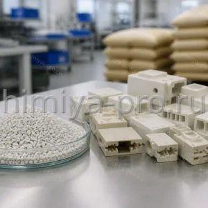 Натуральные сероватые гранулы стеклонаполненного полибутилентерефталата PBT GF30 на столе у корпусов приборов