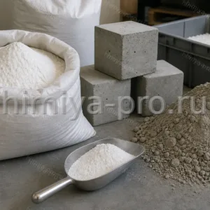 Осаждённый стеарат кальция в мешках рядом с бетонными образцами и сухой смесью как смазка и гидрофобизатор