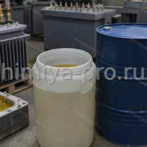 Светло-жёлтый жидкий отвердитель MTHPA в канистре и стальной бочке в цехе заливки электротехнических компаундов