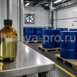 Стальные бочки с желтоватой жидкостью бензилхлорида на складе — алкилирующий полупродукт для органического синтеза.