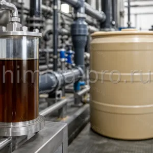 Коричневый раствор DTPMP-Na2 45–49 % у бочки 200 кг на дозировочном узле — фосфонат против накипи в охлаждении.