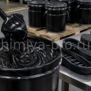 Чёрная пигментная паста 1920/0 на техническом углероде в ведре рядом с образцами чёрных полиуретановых подошв.