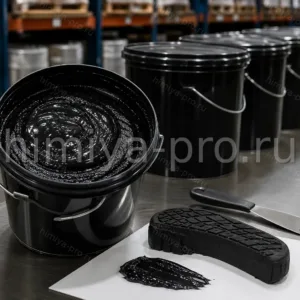Вёдра обновлённой чёрной пасты 1920/50 neu и разрез ПУ-подошвы с равномерным чёрным цветом на контроле качества.