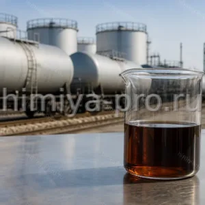 Тёмная углеводородная жидкость абсорбента А-2 марки A в лабораторном стакане на фоне железнодорожных цистерн
