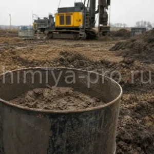 Открытая бочка серо-коричневой пасты бентонита для переработки на участке рекультивации нефтезагрязнённых почв