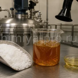 Белые хлопья бисфенола А марки Б рядом с янтарной эпоксидной смолой в стакане на участке смешения смол в промышленном цехе.