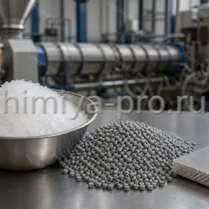 Кристаллы бисфенола А марки К в стальной чаше рядом с наполненными гранулами ПК-композиции на участке компаундирования.