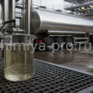 Жёлтая кубовая жидкость колонны очистки этиленгликоля у цистерны на нефтехимической площадке