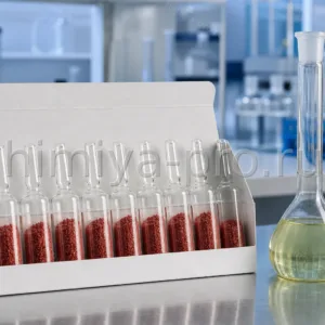 Ампулы стандарт-титра железосинеродистого калия 0,05 Н с красными кристаллами в коробке на аналитическом лабораторном столе.