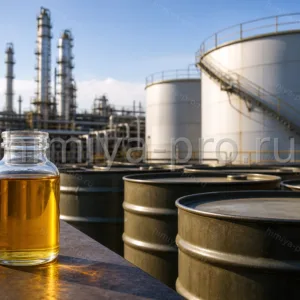 Пироконденсат Е-1: жидкие продукты пиролиза этиленовых печей, бочки с золотистой фракцией у резервуарного парка