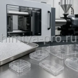 Высокотекучие гранулы поликарбоната PC-022 рядом с тонкостенными корпусами электроники и потребительских изделий.