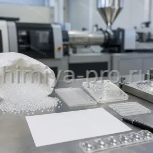 Гранулы поликарбоната PC-250 пусковой партии на лабораторном столе с пробными отливками для омологации режимов литья.