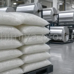 Гранулы PP H031 BF/7 в мешках 25 кг на фоне рулонов металлизированной BOPP-плёнки для упаковки