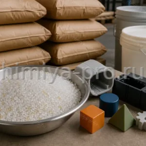 Полупрозрачные гранулы блоксополимера SIBEX PP I122 IM/3 рядом с хозяйственной тарой и мешками 25 кг