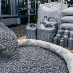 Серые гранулы полиэтилена VIVILEN 25rPE HD 03112 LB и серая выдувная тара на складе ПЭВП с долей PCR