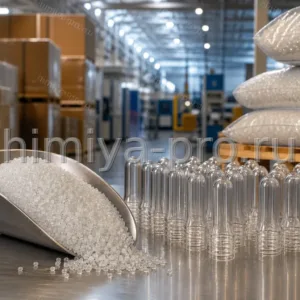 Гранулы переработанного ПЭТ VIVILEN GP 23,5% рядом с преформами и паллетой мешков на складе.